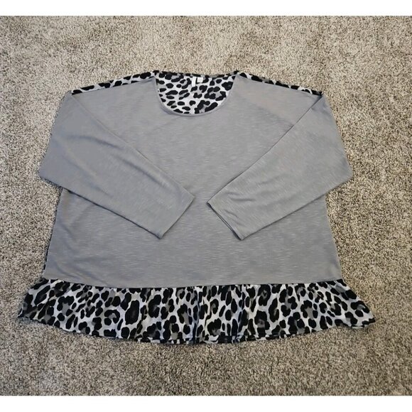 Womens Sz 26/28W Gray Leopard Print Long Sleeve Blouse Ruffle Mob Wife Soft - Picture 2 of 11